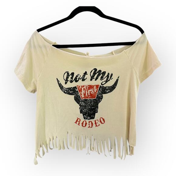 'Not My First Rodeo' 90s Crop Ripped Boho Festival Concert Tee | Sz M [81] - Picture 1 of 3